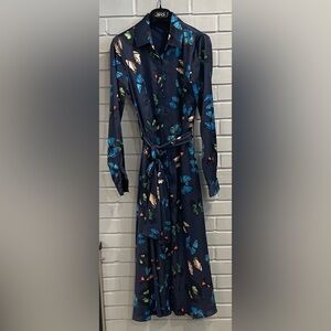 Chic Navy Butterfly Print Long Sleeve Midi Dress